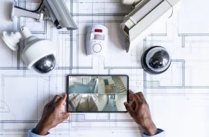 Architect reviewing security camera feeds on tablet